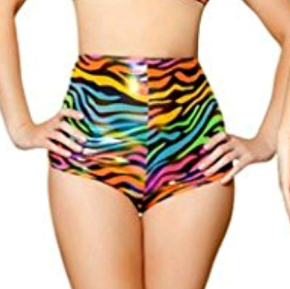 Rainbow Zebra High Waisted Swim Shorts Rave Wear